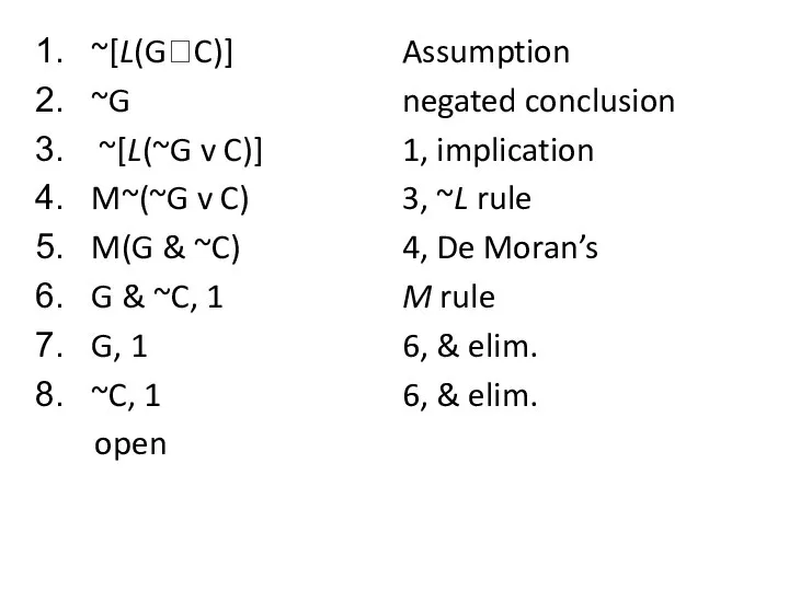 ~[L(G?C)] Assumption ~G negated conclusion ~[L(~G v C)] 1, implication M~(~G v