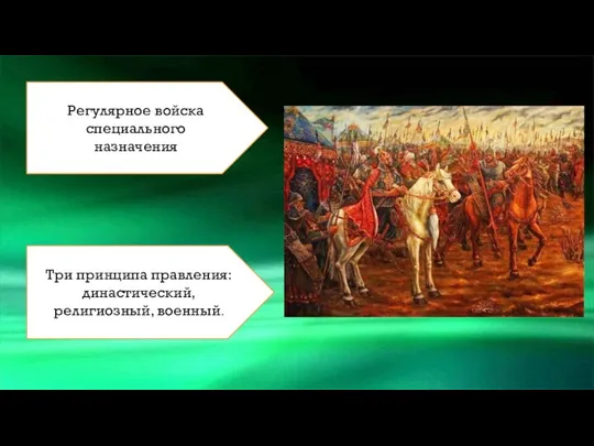 Регулярное войска специального назначения Три принципа правления: династический, религиозный, военный.