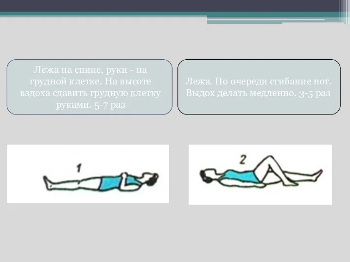 Лежа на спине, руки - на грудной клетке. На высоте вздоха сдавить