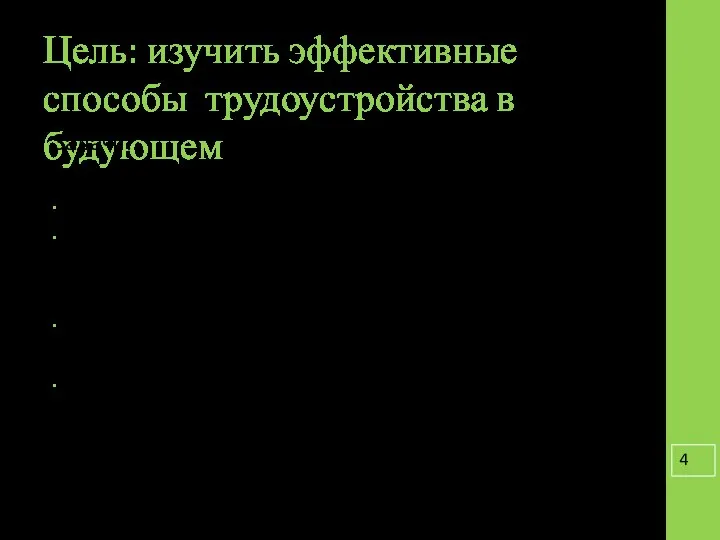 Цель: изучить эффективные способы трудоустройства в будующем Задачи: Обучающие: Изучить способы поиска