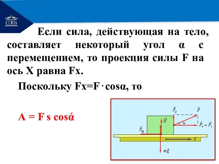 РЕМОНТ Если сила, действующая на тело, составляет некоторый угол ​α​ с перемещением,