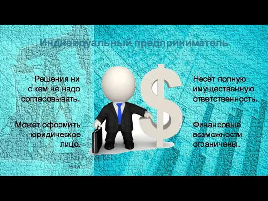 Индивидуальный предприниматель Решения ни с кем не надо согласовывать. Несёт полную имущественную