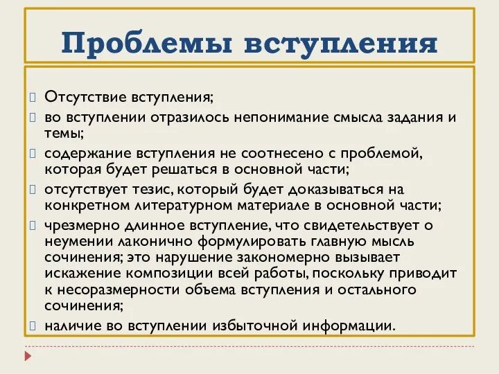 Проблемы вступления Отсутствие вступления; во вступлении отразилось непонимание смысла задания и темы;