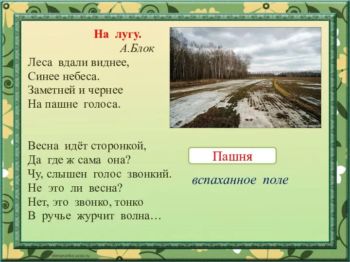 На лугу. А.Блок Леса вдали виднее, Синее небеса. Заметней и чернее На