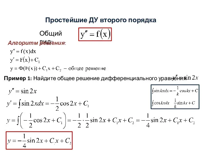 Простейшие ДУ второго порядка Общий вид: Алгоритм решения: Пример 1: Найдите общее решение дифференциального уравнения