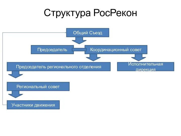 Структура РосРекон Председатель Координационный совет Председатель регионального отделения Региональный совет Участники движения Общий Съезд Исполнительная дирекция