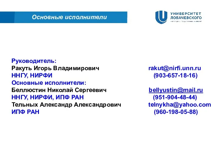 Основные исполнители Руководитель: Ракуть Игорь Владимирович rakut@nirfi.unn.ru ННГУ, НИРФИ (903-657-18-16) Основные исполнители: