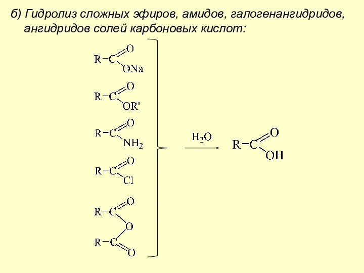 б) Гидролиз сложных эфиров, амидов, галогенангидридов, ангидридов солей карбоновых кислот: