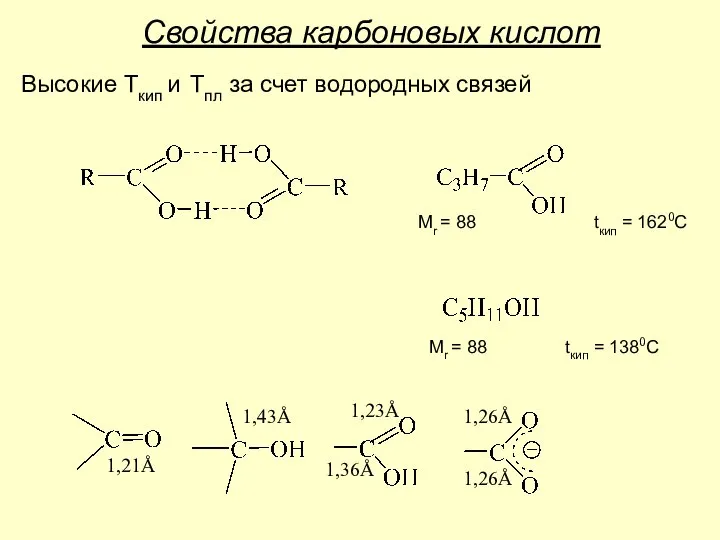 Свойства карбоновых кислот Высокие Ткип и Тпл за счет водородных связей Mr