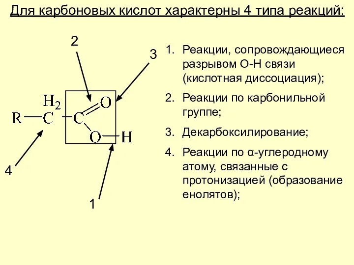 Для карбоновых кислот характерны 4 типа реакций: 2 3 1 4 Реакции,