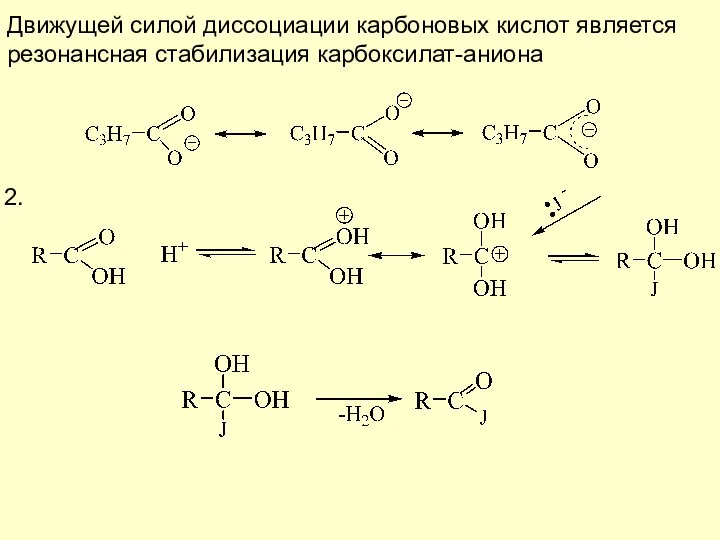 Движущей силой диссоциации карбоновых кислот является резонансная стабилизация карбоксилат-аниона 2.