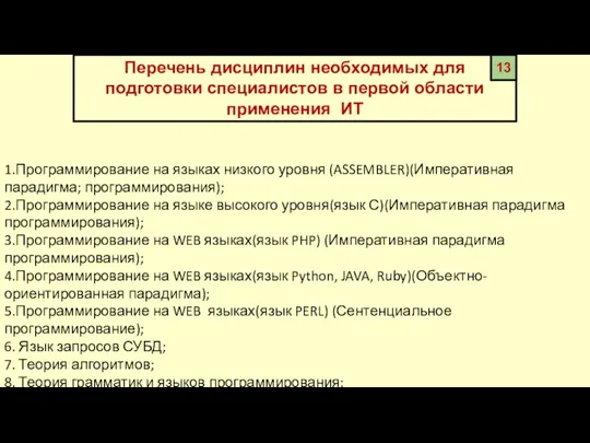 Перечень дисциплин необходимых для подготовки специалистов в первой области применения ИТ 13