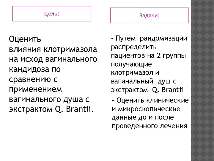 Цель: Задачи: Оценить влияния клотримазола на исход вагинального кандидоза по сравнению с