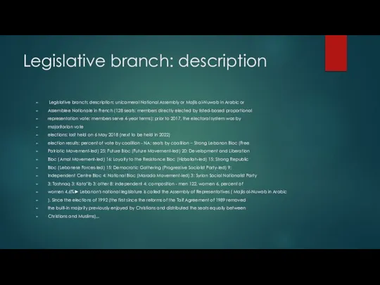 Legislative branch: description Legislative branch: description: unicameral National Assembly or Majlis al-Nuwab
