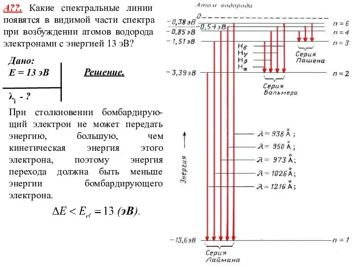 А??. Какие спектральные линии появятся в видимой части спектра при возбуждении атомов