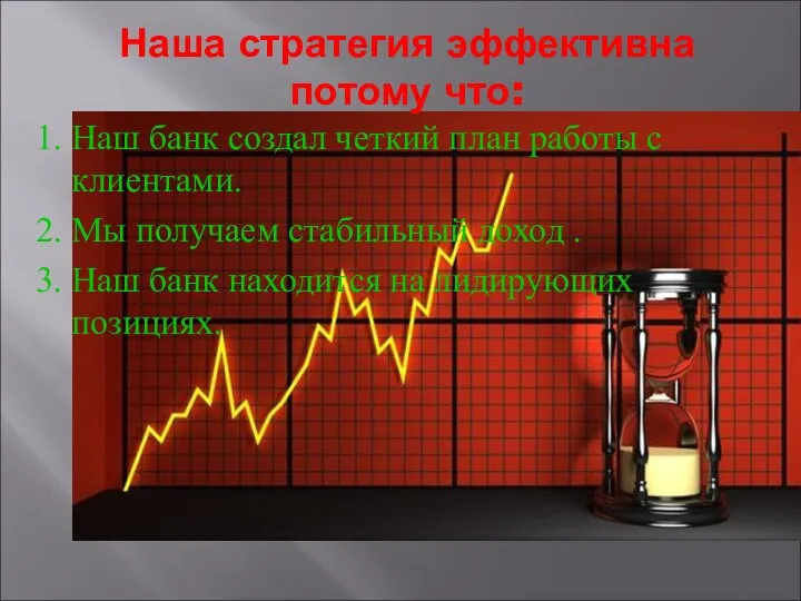 Наша стратегия эффективна потому что: 1. Наш банк создал четкий план работы