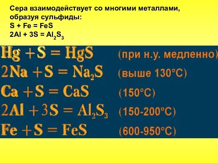 Сера взаимодействует со многими металлами, образуя сульфиды: S + Fe = FeS