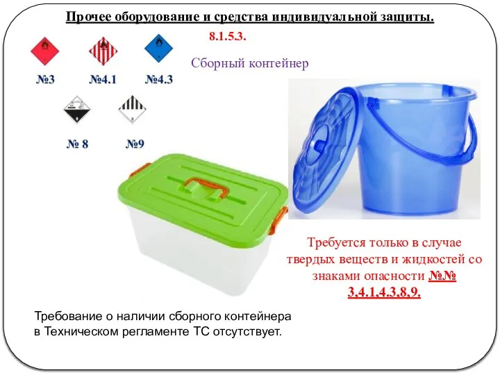 Прочее оборудование и средства индивидуальной защиты. Сборный контейнер Требуется только в случае