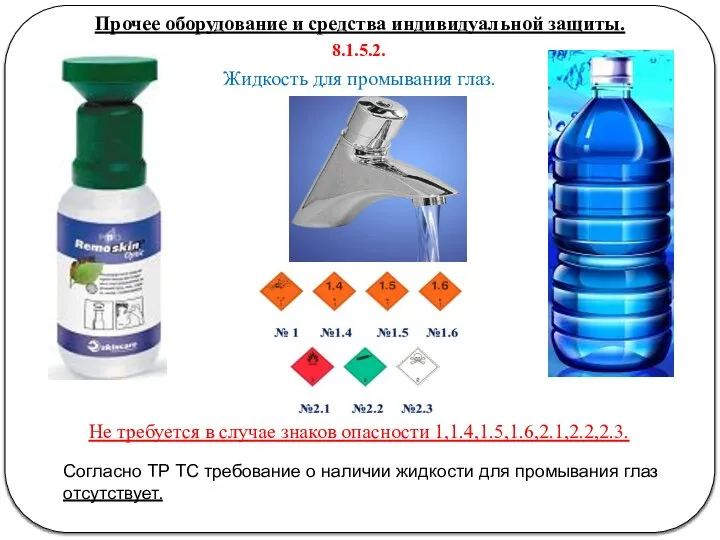 Прочее оборудование и средства индивидуальной защиты. Жидкость для промывания глаз. Не требуется