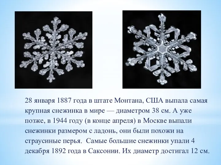 28 января 1887 года в штате Монтана, США выпала самая крупная снежинка