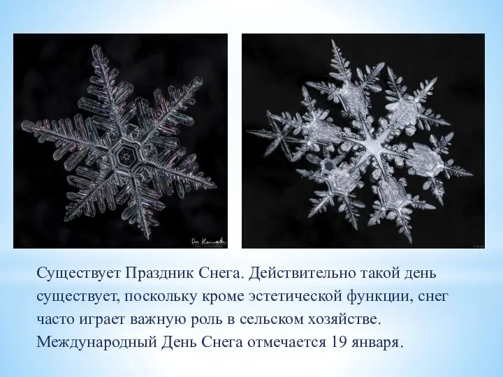 Существует Праздник Снега. Действительно такой день существует, поскольку кроме эстетической функции, снег