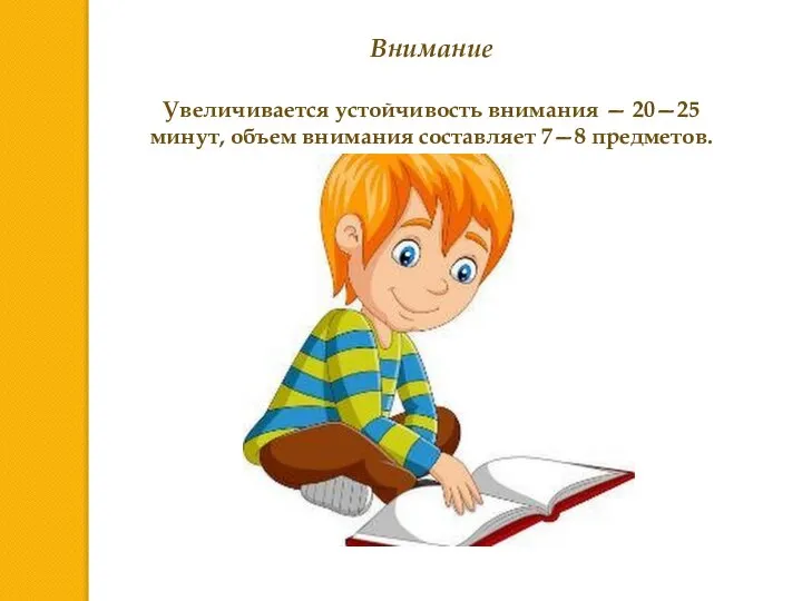 Внимание Увеличивается устойчивость внимания — 20—25 минут, объем внимания составляет 7—8 предметов.