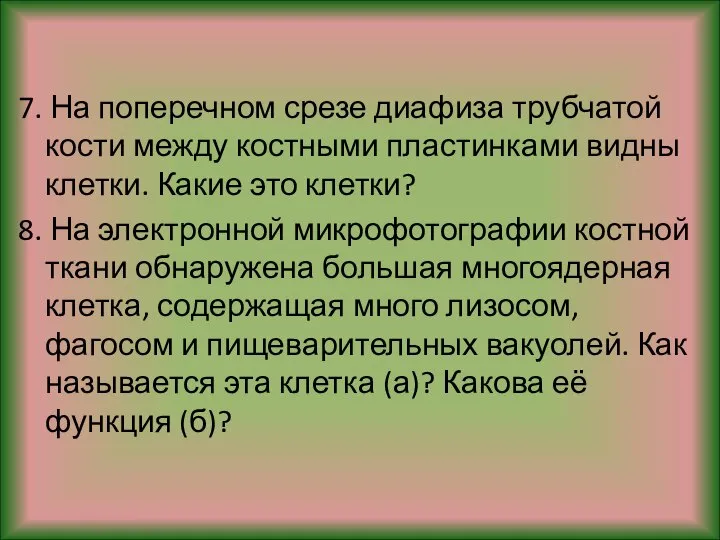 7. На поперечном срезе диафиза трубчатой кости между костными пластинками видны клетки.