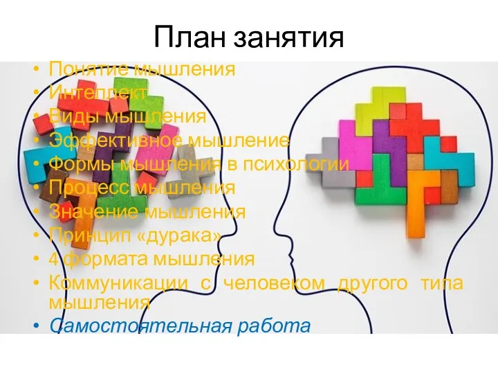 План занятия Понятие мышления Интеллект Виды мышления Эффективное мышление Формы мышления в
