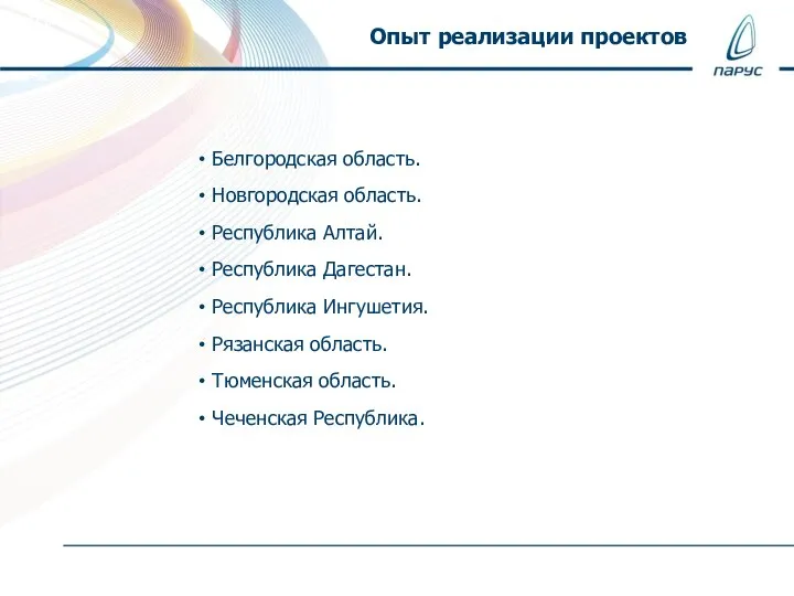 Опыт реализации проектов Белгородская область. Новгородская область. Республика Алтай. Республика Дагестан. Республика