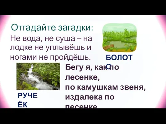 Отгадайте загадки: Не вода, не суша – на лодке не уплывёшь и