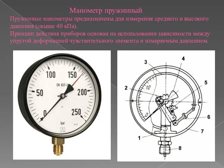 Манометр пружинный Пружинные манометры предназначены для измерения среднего и высокого давления (свыше