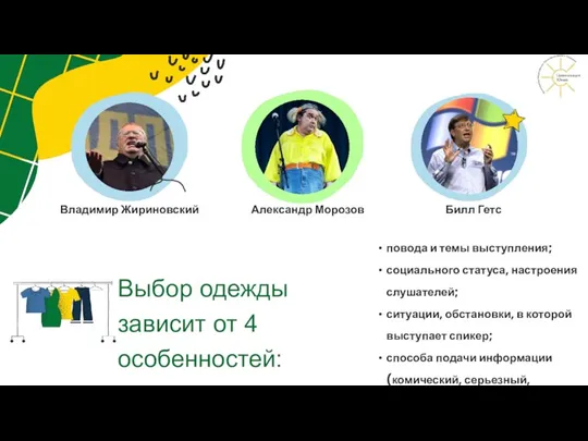 Александр Морозов Выбор одежды зависит от 4 особенностей: повода и темы выступления;