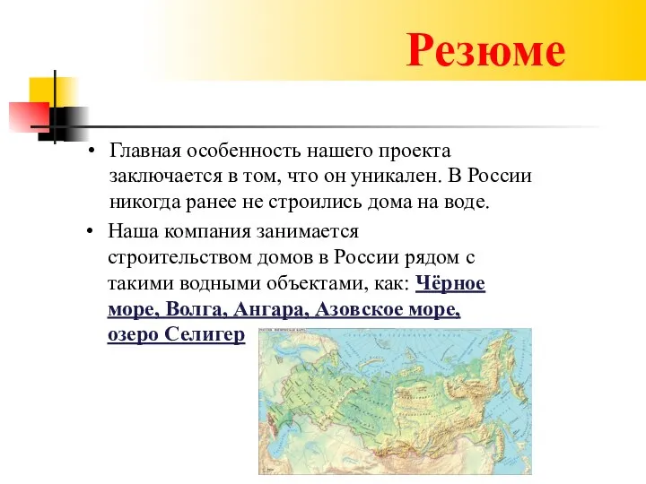 Резюме Главная особенность нашего проекта заключается в том, что он уникален. В