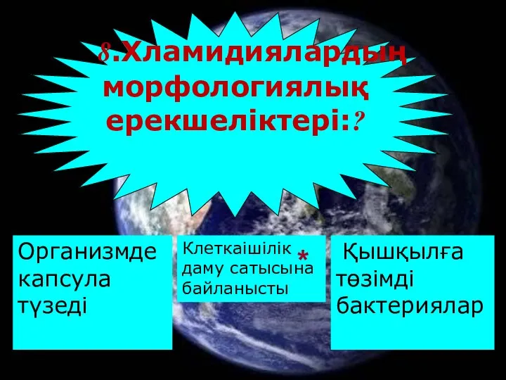 Организмде капсула түзедi 8.Хламидиялардың морфологиялық ерекшелiктерi:? Клеткаiшiлiк даму сатысына байланысты * Қышқылға төзiмдi бактериялар