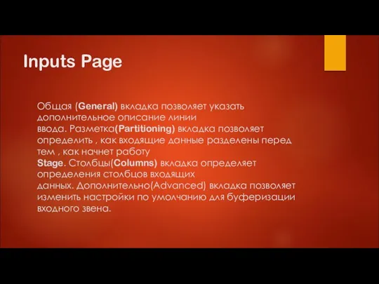 Inputs Page Общая (General) вкладка позволяет указать дополнительное описание линии ввода. Разметка(Partitioning)