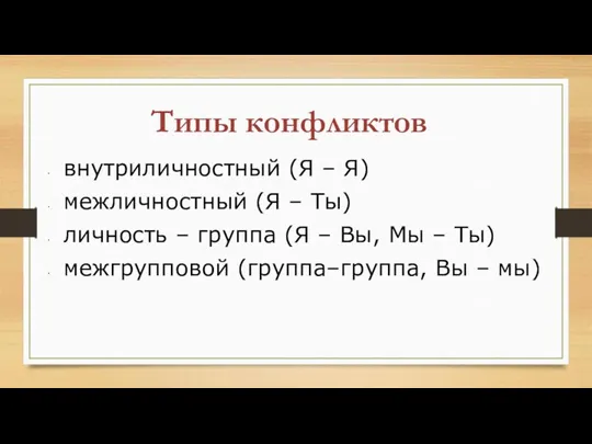 Типы конфликтов внутриличностный (Я – Я) межличностный (Я – Ты) личность –