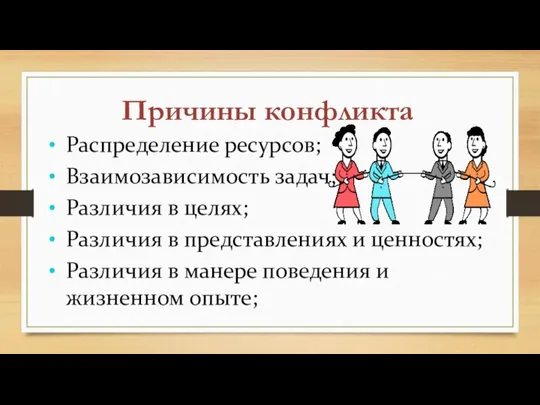 Причины конфликта Распределение ресурсов; Взаимозависимость задач; Различия в целях; Различия в представлениях