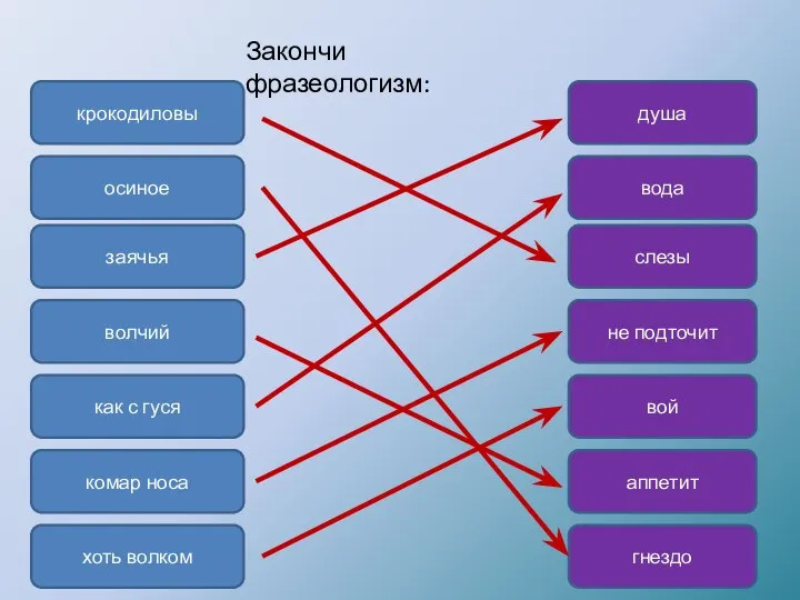 Закончи фразеологизм: крокодиловы заячья волчий как с гуся комар носа хоть волком