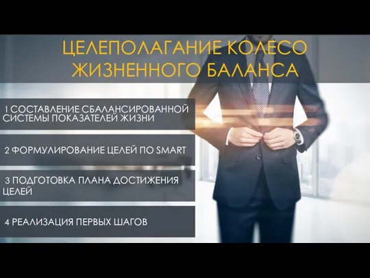 ЦЕЛЕПОЛАГАНИЕ КОЛЕСО ЖИЗНЕННОГО БАЛАНСА 1 СОСТАВЛЕНИЕ СБАЛАНСИРОВАННОЙ СИСТЕМЫ ПОКАЗАТЕЛЕЙ ЖИЗНИ 2 ФОРМУЛИРОВАНИЕ