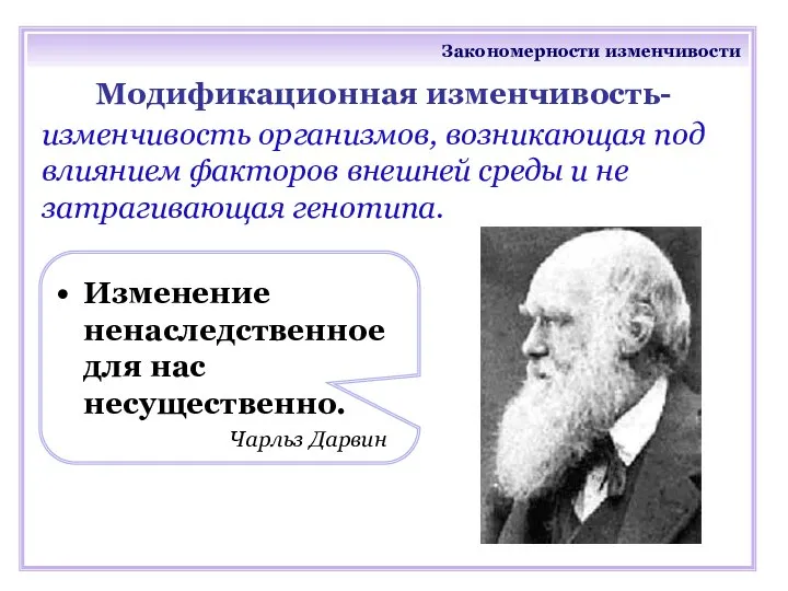 Закономерности изменчивости Модификационная изменчивость- изменчивость организмов, возникающая под влиянием факторов внешней среды