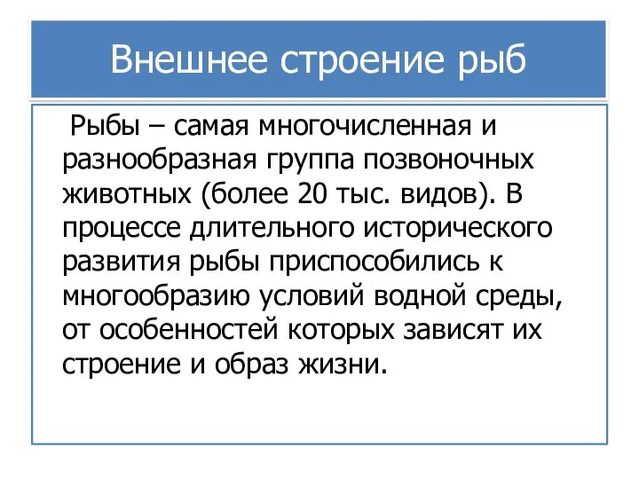 Внешнее строение рыб Рыбы – самая многочисленная и разнообразная группа позвоночных животных