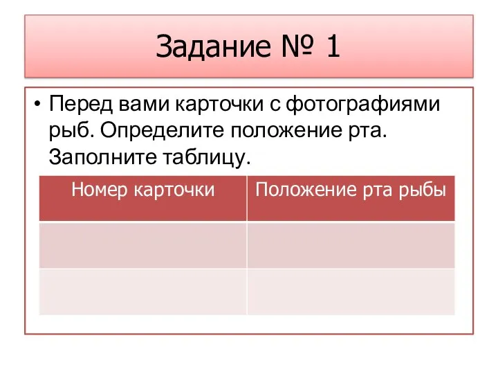 Задание № 1 Перед вами карточки с фотографиями рыб. Определите положение рта. Заполните таблицу.