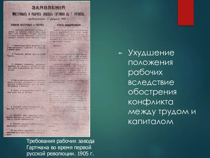 Ухудшение положения рабочих вследствие обострения конфликта между трудом и капиталом Требования рабочих