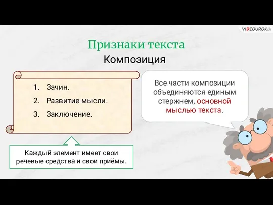 Признаки текста Композиция Все части композиции объединяются единым стержнем, основной мыслью текста.