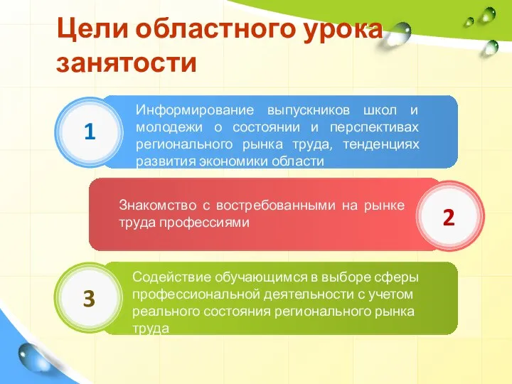 Цели областного урока занятости Информирование выпускников школ и молодежи о состоянии и