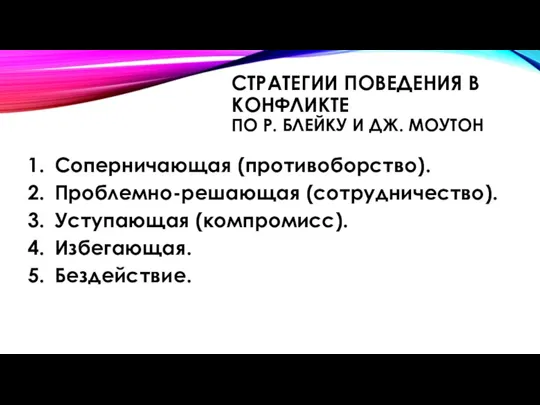 СТРАТЕГИИ ПОВЕДЕНИЯ В КОНФЛИКТЕ ПО Р. БЛЕЙКУ И ДЖ. МОУТОН Соперничающая (противоборство).