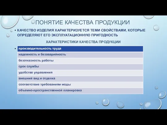 ПОНЯТИЕ КАЧЕСТВА ПРОДУКЦИИ КАЧЕСТВО ИЗДЕЛИЯ ХАРАКТЕРИЗУЕТСЯ ТЕМИ СВОЙСТВАМИ, КОТОРЫЕ ОПРЕДЕЛЯЮТ ЕГО ЭКСПЛУАТАЦИОННУЮ ПРИГОДНОСТЬ. ХАРАКТЕРИСТИКИ КАЧЕСТВА ПРОДУКЦИИ