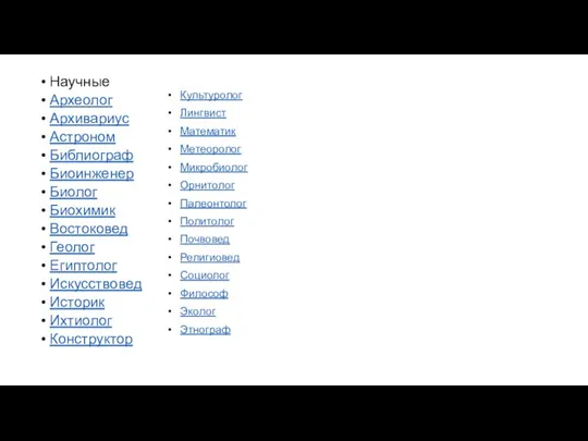 Научные Археолог Архивариус Астроном Библиограф Биоинженер Биолог Биохимик Востоковед Геолог Египтолог Искусствовед