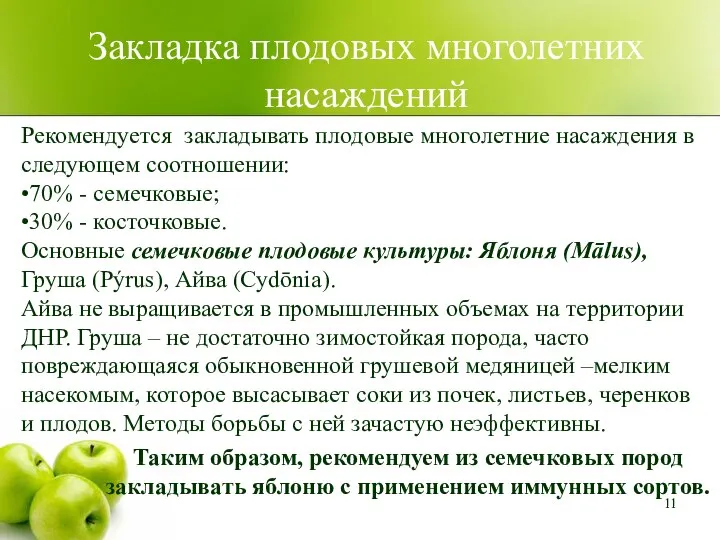 Закладка плодовых многолетних насаждений Таким образом, рекомендуем из семечковых пород закладывать яблоню