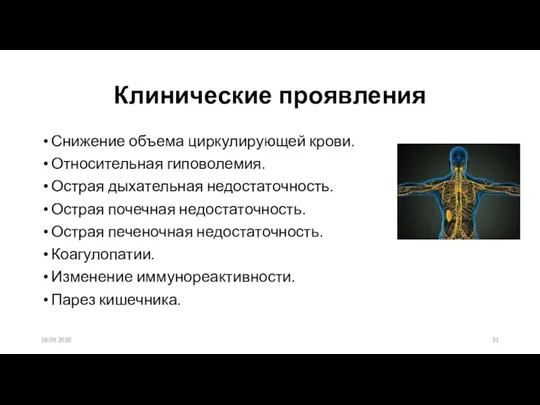 Клинические проявления Снижение объема циркулирующей крови. Относительная гиповолемия. Острая дыхательная недостаточность. Острая